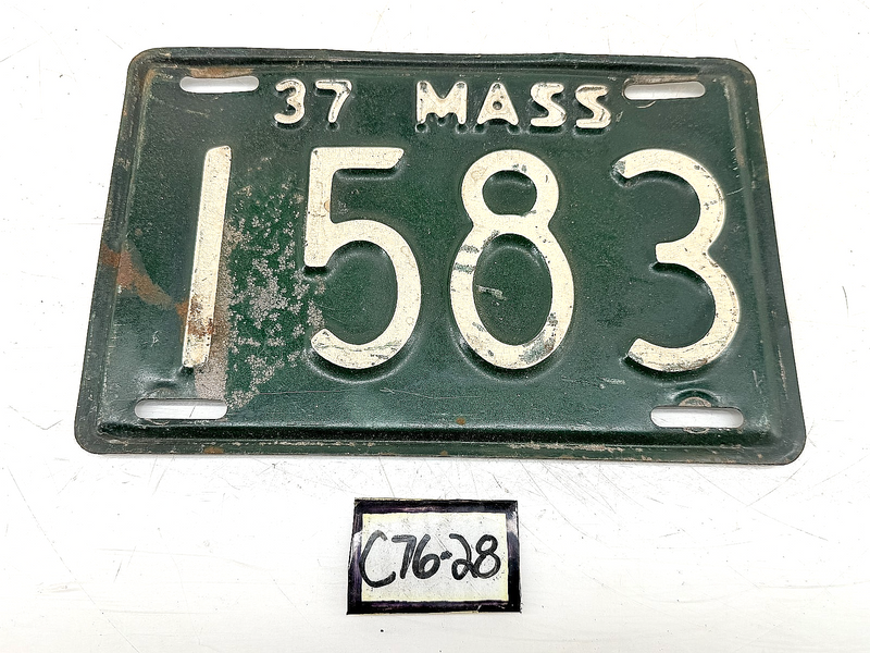 Orig. Paint 1937 1583 Massachusetts License Plate Sign MA 1583 C76-28