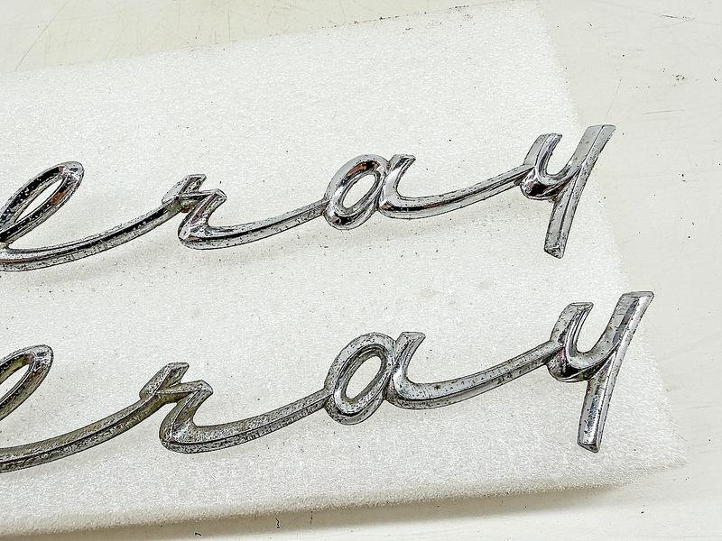 Vintage RARE OEM 1958 CHEVROLET DELRAY SCRIPT EMBLEM PAIR E10-22