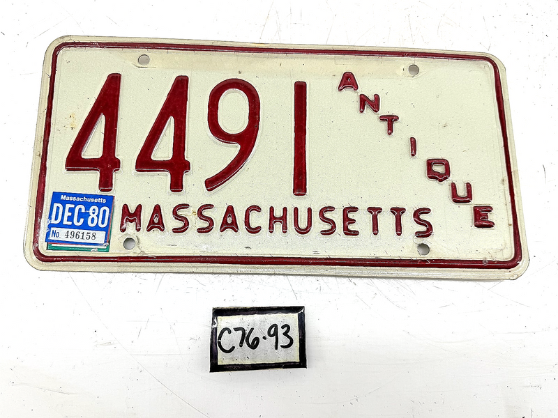 Orig. Paint 1980 ANTIQUE 4491 Massachusetts License Plate Sign MA 4491 C76-93