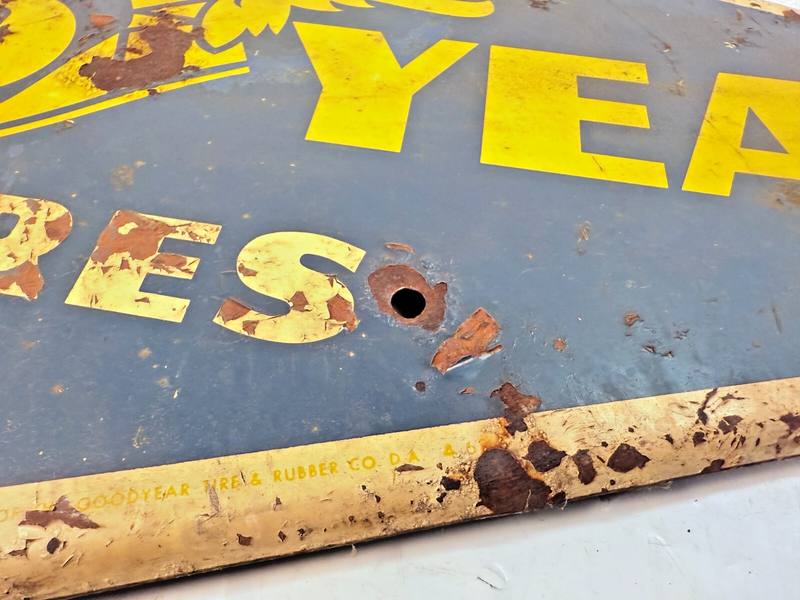 Vintage 1959 Goodyear Tires Gas Station Metal Sign 28" x 13.5" Chevy Ford Dodge