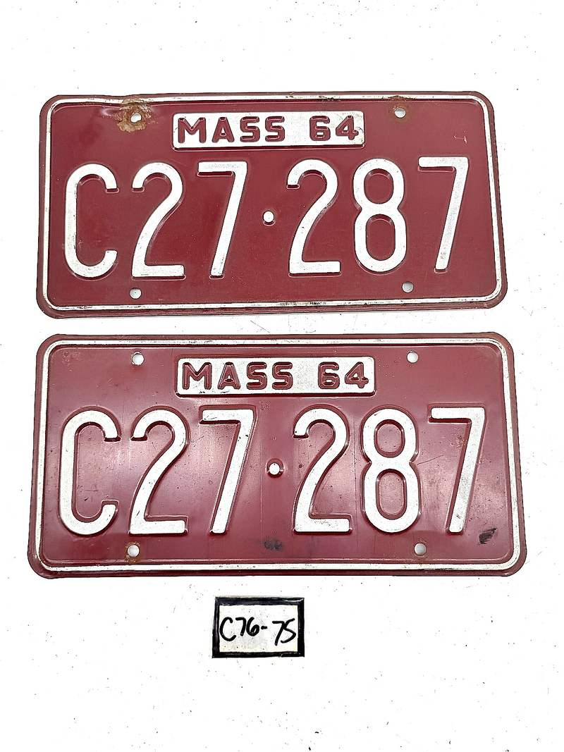 Orig. Paint PAIR 1964 C27287 Massachusetts License Plate Sign MA C27287 C76-75