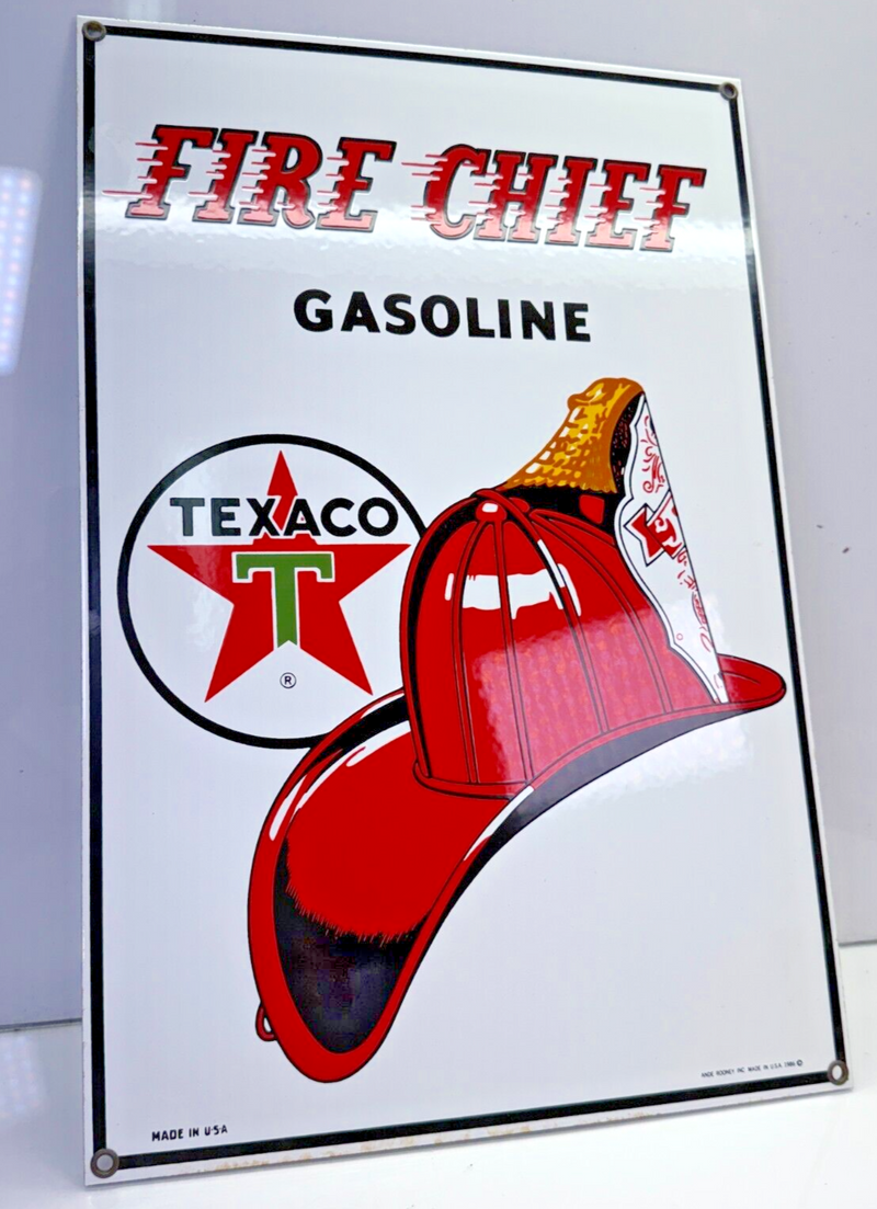 VINTAGE 1986 Texaco Fire Chief Gasoline Porcelain Sign 10-3/4" x 16" Ande Rooney