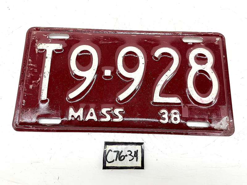Repainted 1938 T9928 Massachusetts License Plate Sign MA T9.928 C76-34