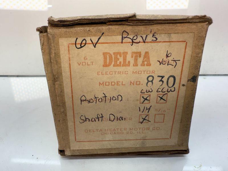 NOS DELTA HEATER MOTOR 830 - ROTATION CCW OR CW- 1/4" SHAFT DIAMETER 6V C19-21