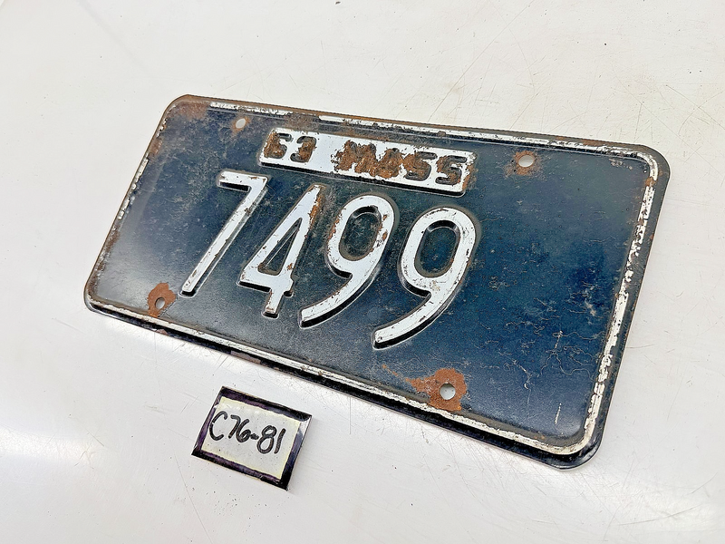 Orig. Paint 1963 7499 Massachusetts License Plate Sign MA 7499 C76-81