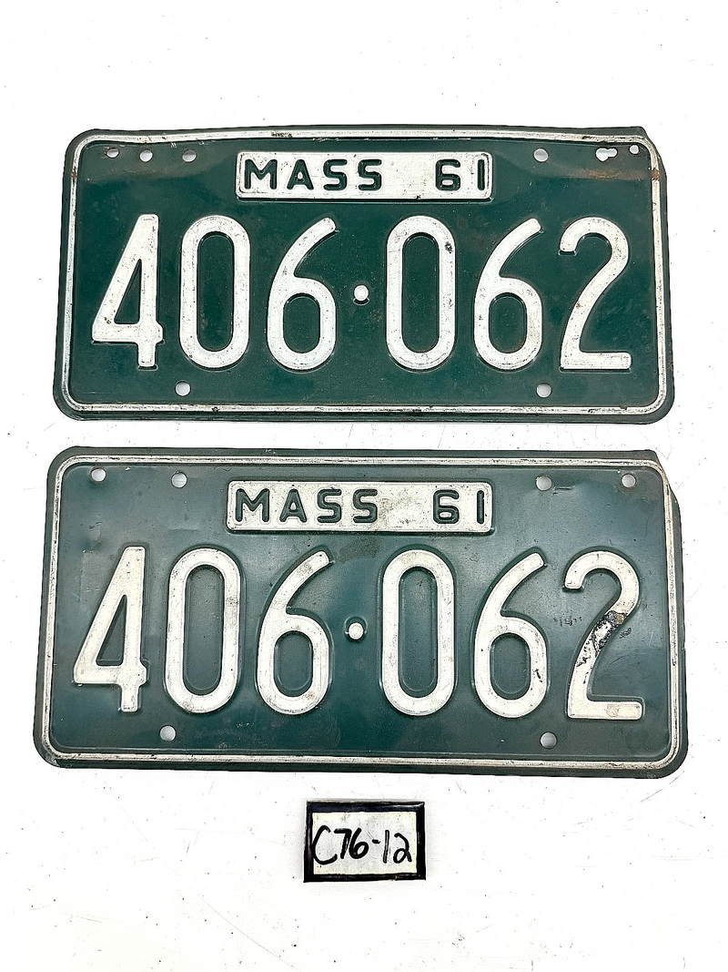 Orig. Paint PAIR 1961 406062 Massachusetts License Plate Sign MA 406-062 C76-12