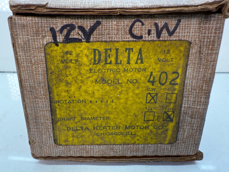 NOS DELTA HEATER MOTOR 402 - ROTATION CW - 5/16" SHAFT - 12V C19-28