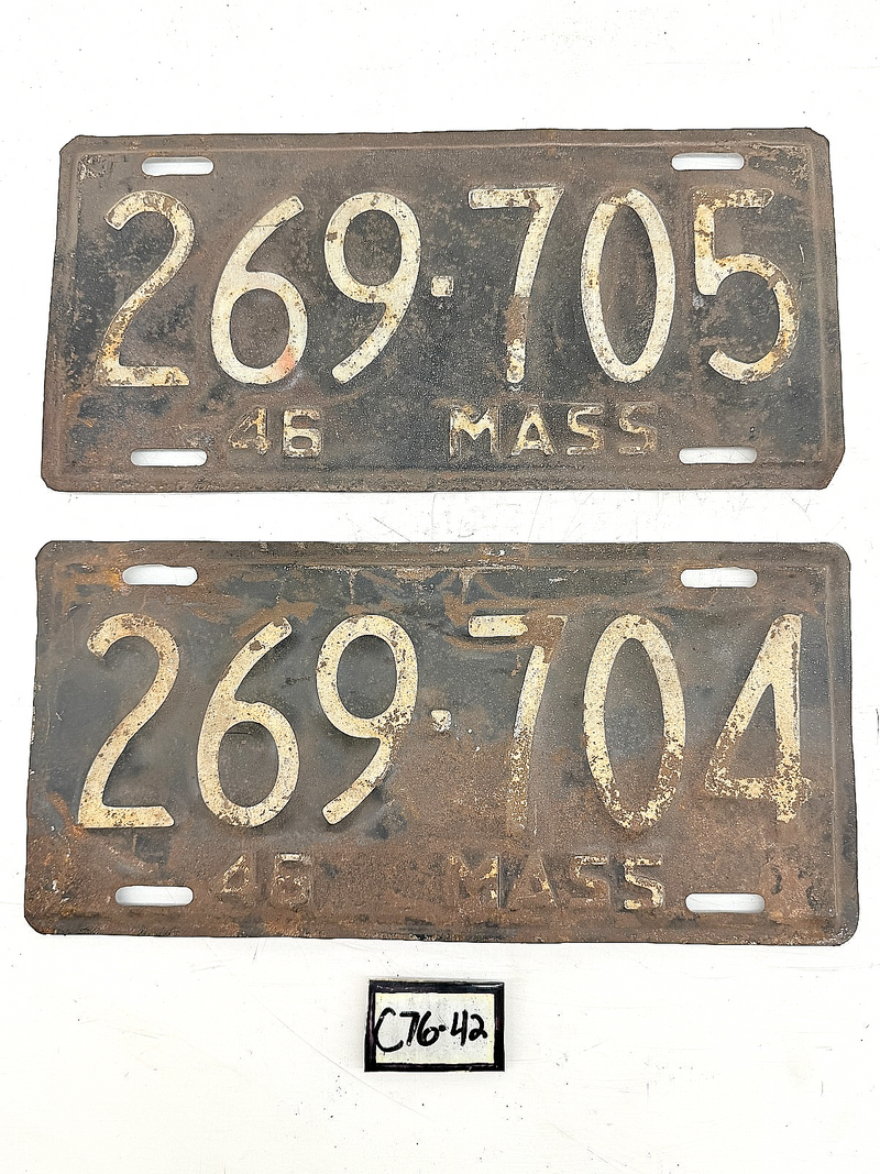 Vintage PAIR 1946 Massachusetts License Plate Consecutive MA 269 704 705 C76-42
