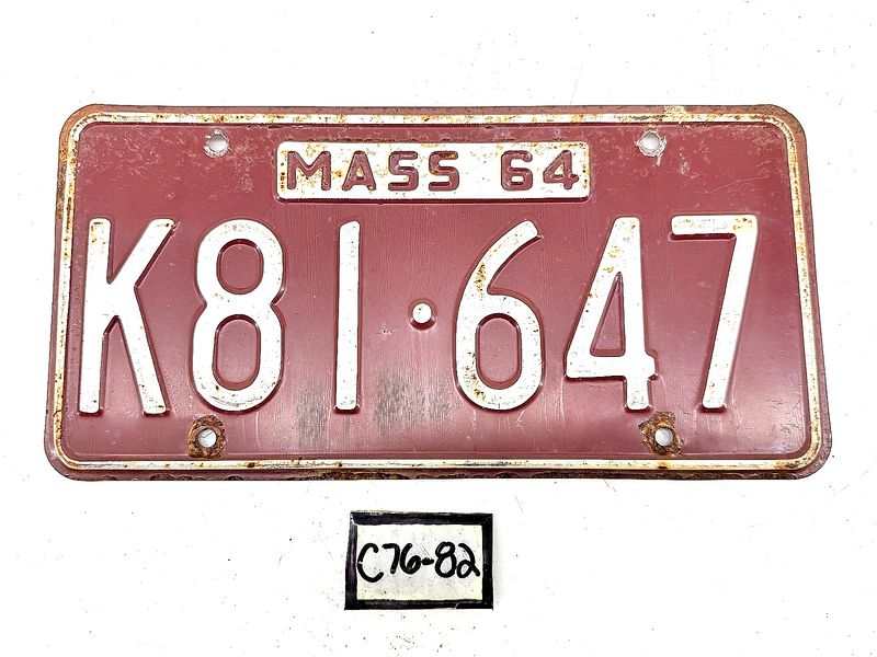 Orig. Paint 1964 K81647 Massachusetts License Plate Sign MA K81-647 C76-82
