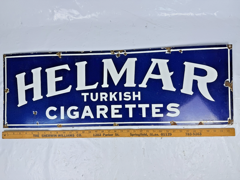 VINTAGE ORIGINAL HELMAR TURKISH CIGARETTES PORCELAIN COBALT BLUE ENAMEL SIGN