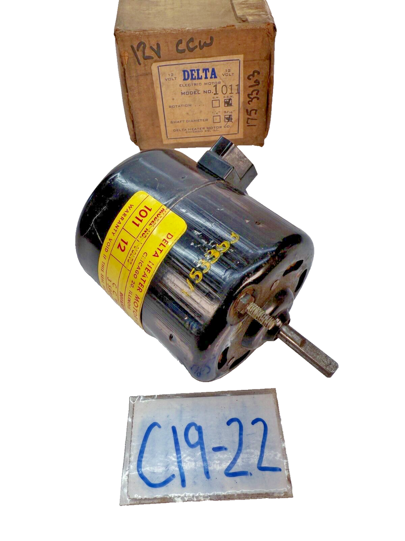 NOS DELTA HEATER MOTOR 1011 - ROTATION CCW - 5/16" SHAFT DIAMETER 12V C19-22