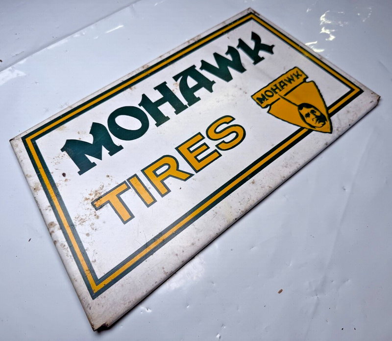 Vintage Mohawk Tires Sign Vintage Gas Garage Sign Indian Arrowhead 14" x 7" NICE