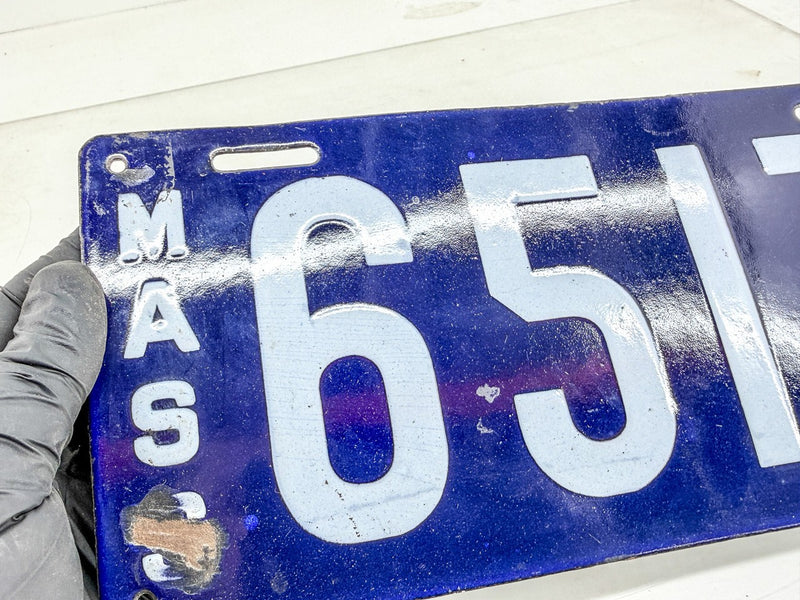Original Porcelain 1915 6517 Massachusetts License Plate Sign MA 65 17 O-504