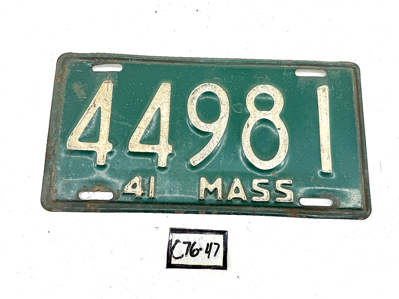 Orig. Paint 1941 44981 Massachusetts License Plate Sign MA 44981 C76-47