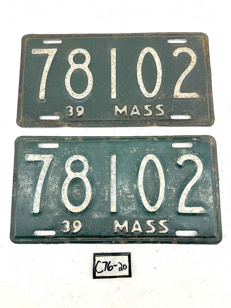 Orig. Paint PAIR 1939 78102 Massachusetts License Plate Sign MA 78102 C76-20