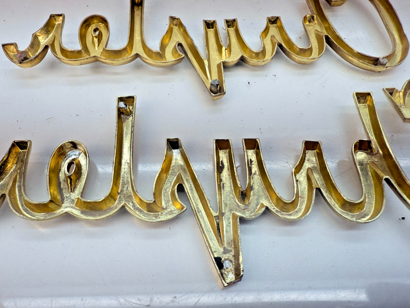 OEM 1962 CHRYSLER NEWPORT WINSOR GOLD PAIR of FRONT FENDER EMBLEM BADGE B32-321