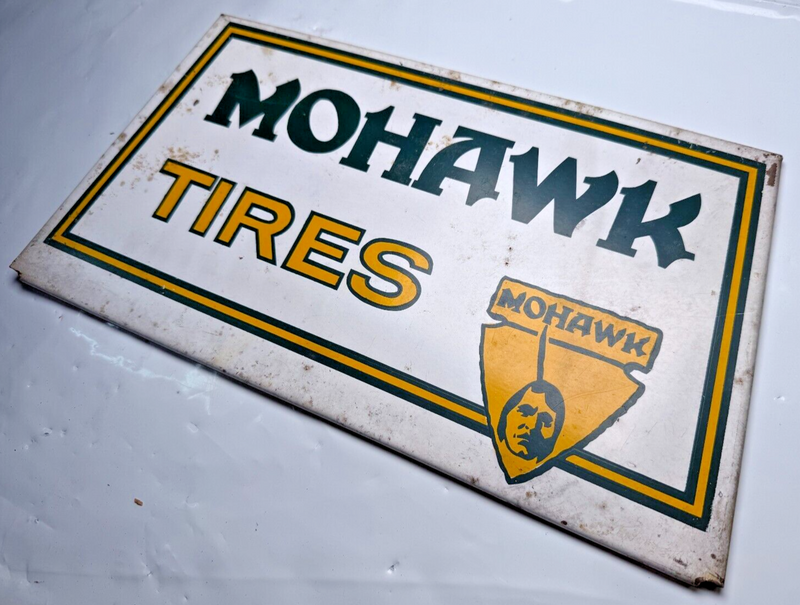 Vintage Mohawk Tires Sign Vintage Gas Garage Sign Indian Arrowhead 14" x 7" NICE