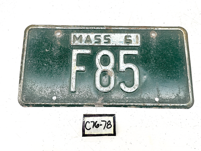 Orig. Paint 1961 F85 Massachusetts License Plate Sign MA F85 C76-78
