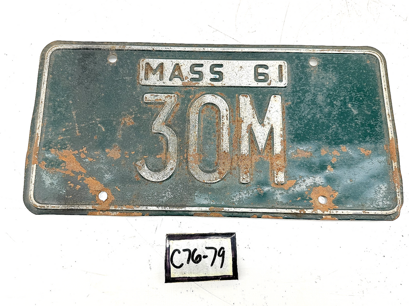 Orig. Paint 1961 30M Massachusetts License Plate Sign MA 30M C76-79