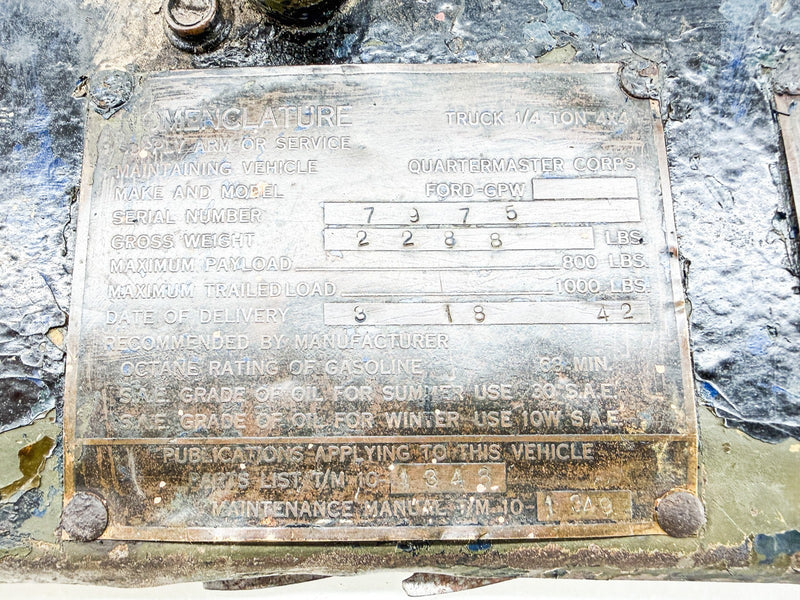 Original 1942 FORD GPW WWII JEEP GLOVE BOX DOOR with 3 DATA PLATES G503 B62-47
