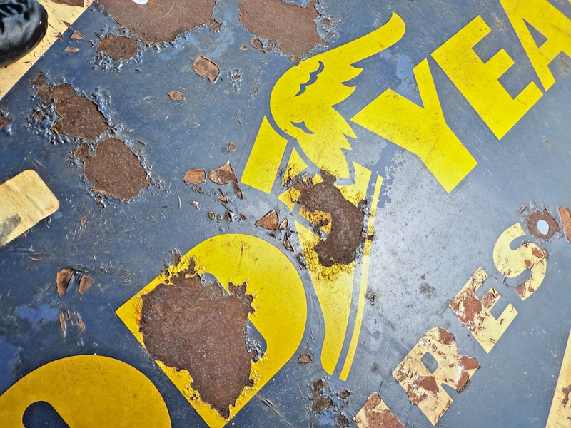 Vintage 1959 Goodyear Tires Gas Station Metal Sign 28" x 13.5" Chevy Ford Dodge