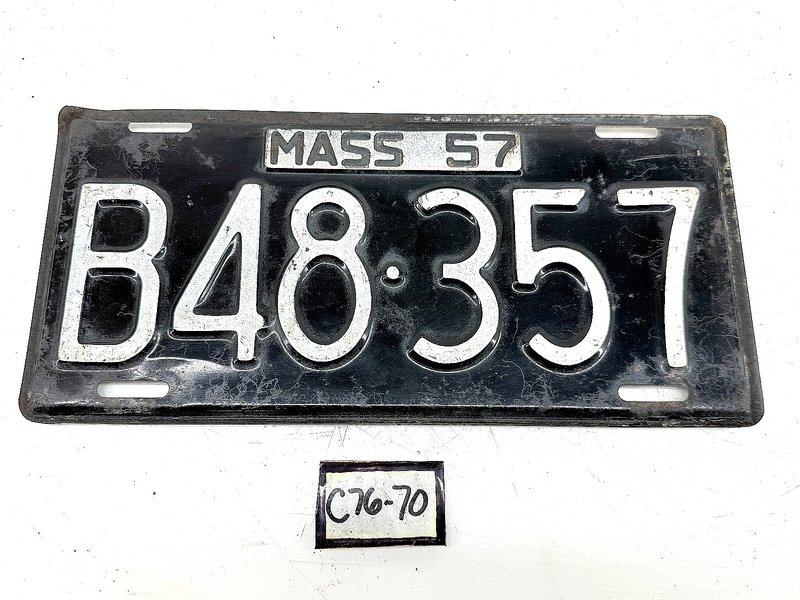 Orig. Paint 1957 B48357 Massachusetts License Plate Sign MA B48-357 C76-70