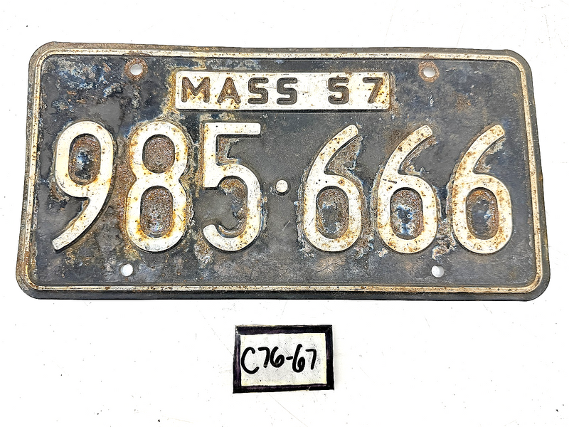 Vintage 1957 985666 Massachusetts License Plate Sign MA 666 C76-67