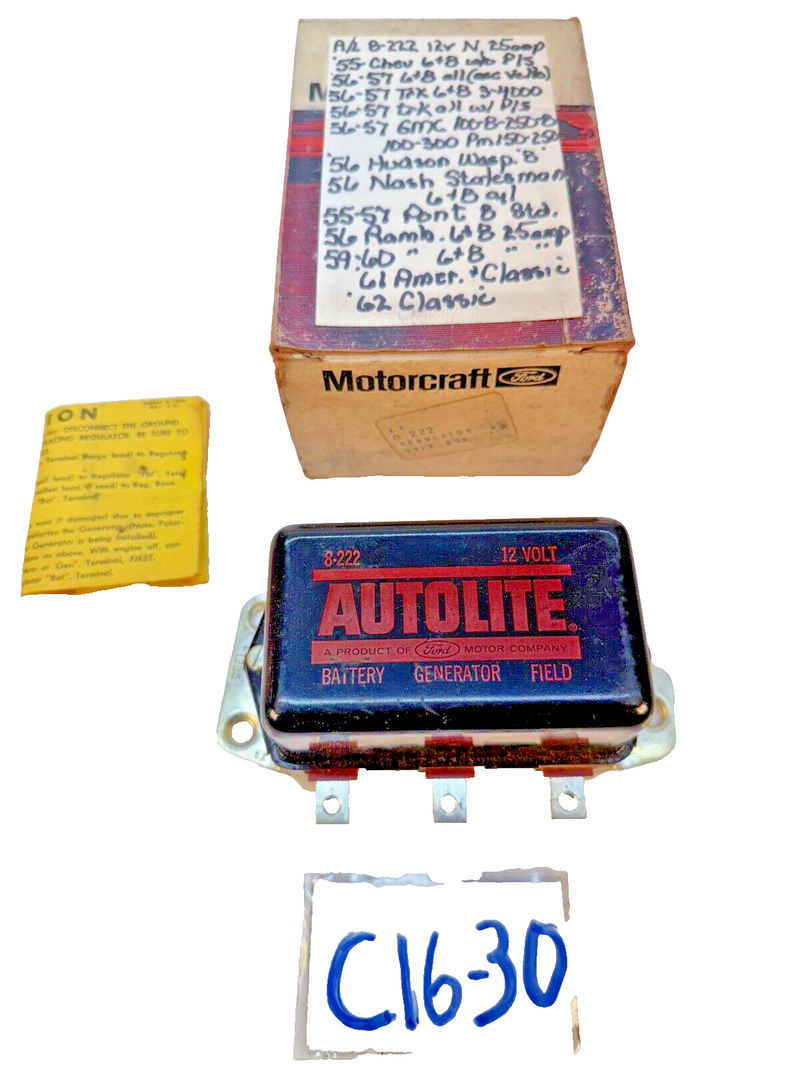 NOS Autolite 8-222 VOLTAGE REGULATOR 12 VOLT Motorcraft 1955 Chevy c16-30
