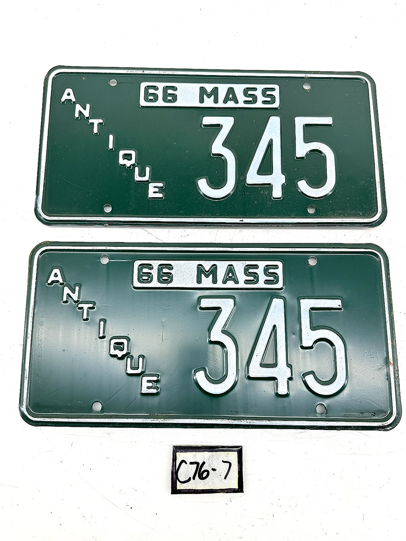 Orig. Paint PAIR 1966 ANTIQUE 345 Massachusetts License Plate Sign MA 345 C76-7