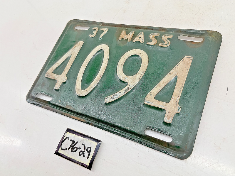 Orig. Paint 1937 4094 Massachusetts License Plate Sign MA 4094 C76-29