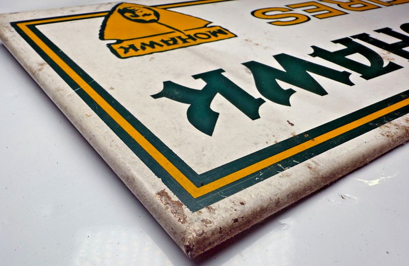 Vintage Mohawk Tires Sign Vintage Gas Garage Sign Indian Arrowhead 14" x 7" NICE