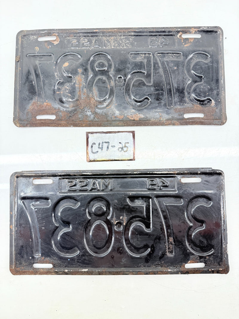 Original Paint PAIR of 1949 MA 375-837 Massachusetts License Plate Sign C47-25