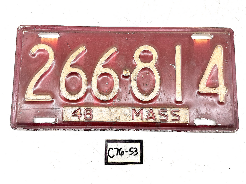 Orig. Paint 1948 266814 Massachusetts License Plate Sign MA 266-814 C76-53