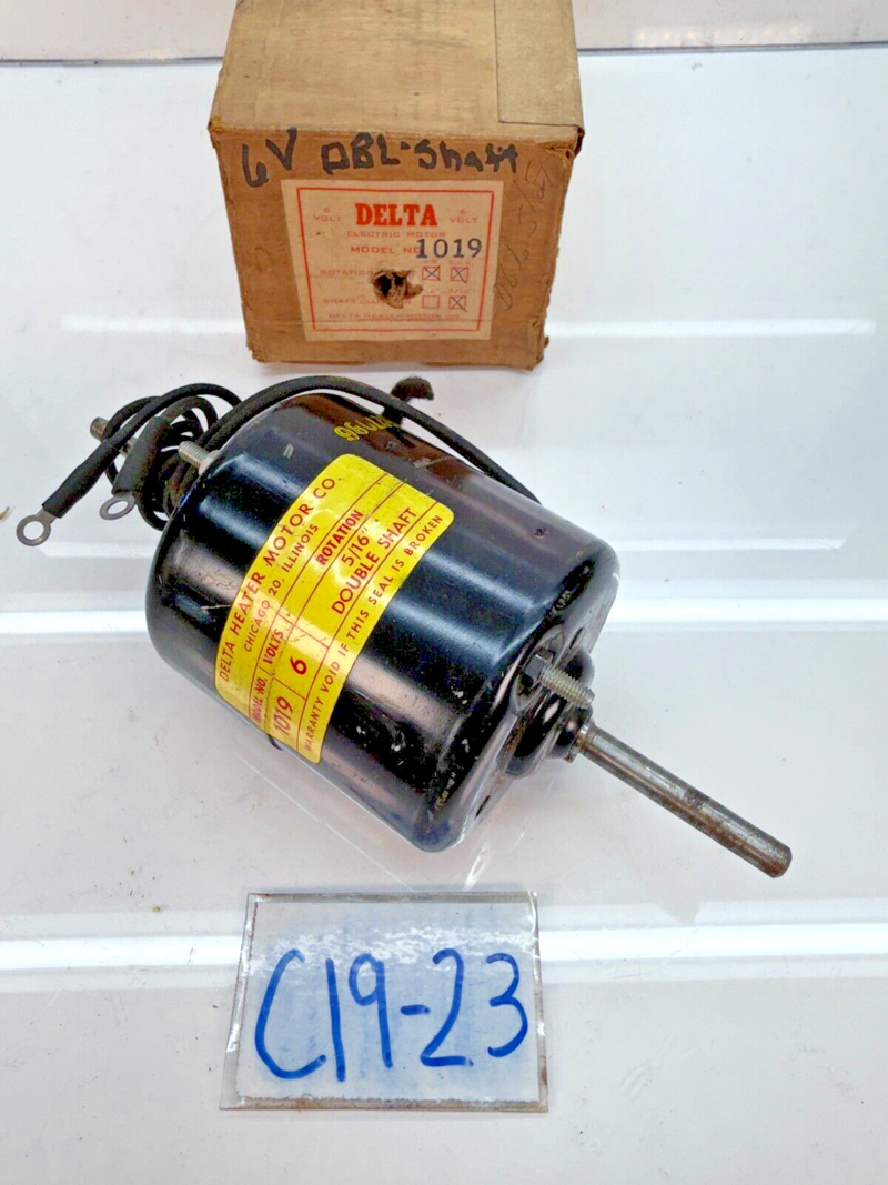 NOS DELTA HEATER MOTOR 1019 - ROTATION CCW - 5/16" DOUBLE SHAFT 6V C19-23