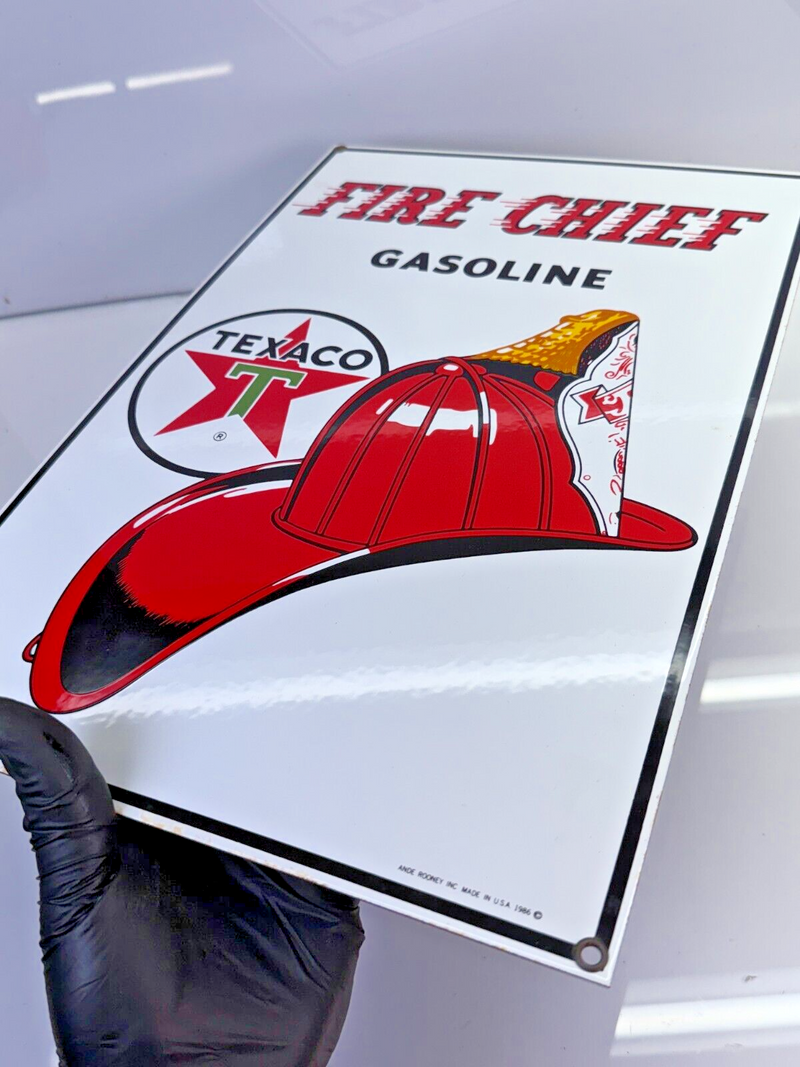 VINTAGE 1986 Texaco Fire Chief Gasoline Porcelain Sign 10-3/4" x 16" Ande Rooney
