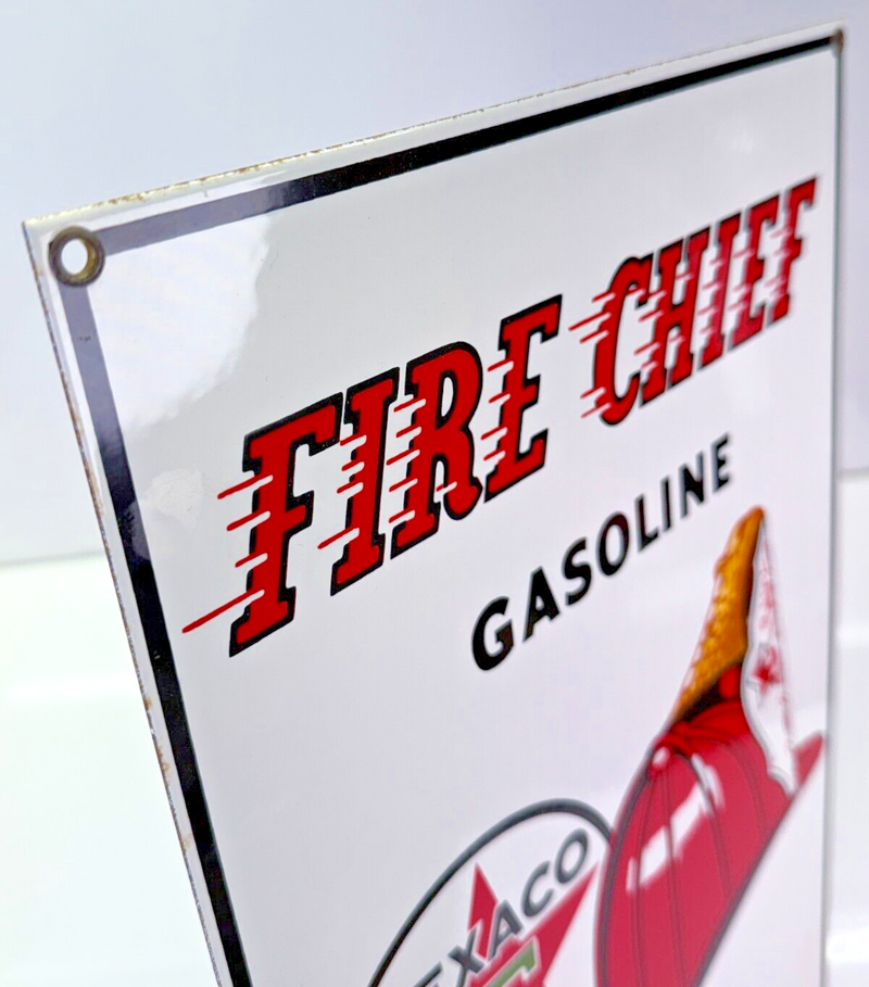 VINTAGE 1986 Texaco Fire Chief Gasoline Porcelain Sign 10-3/4" x 16" Ande Rooney