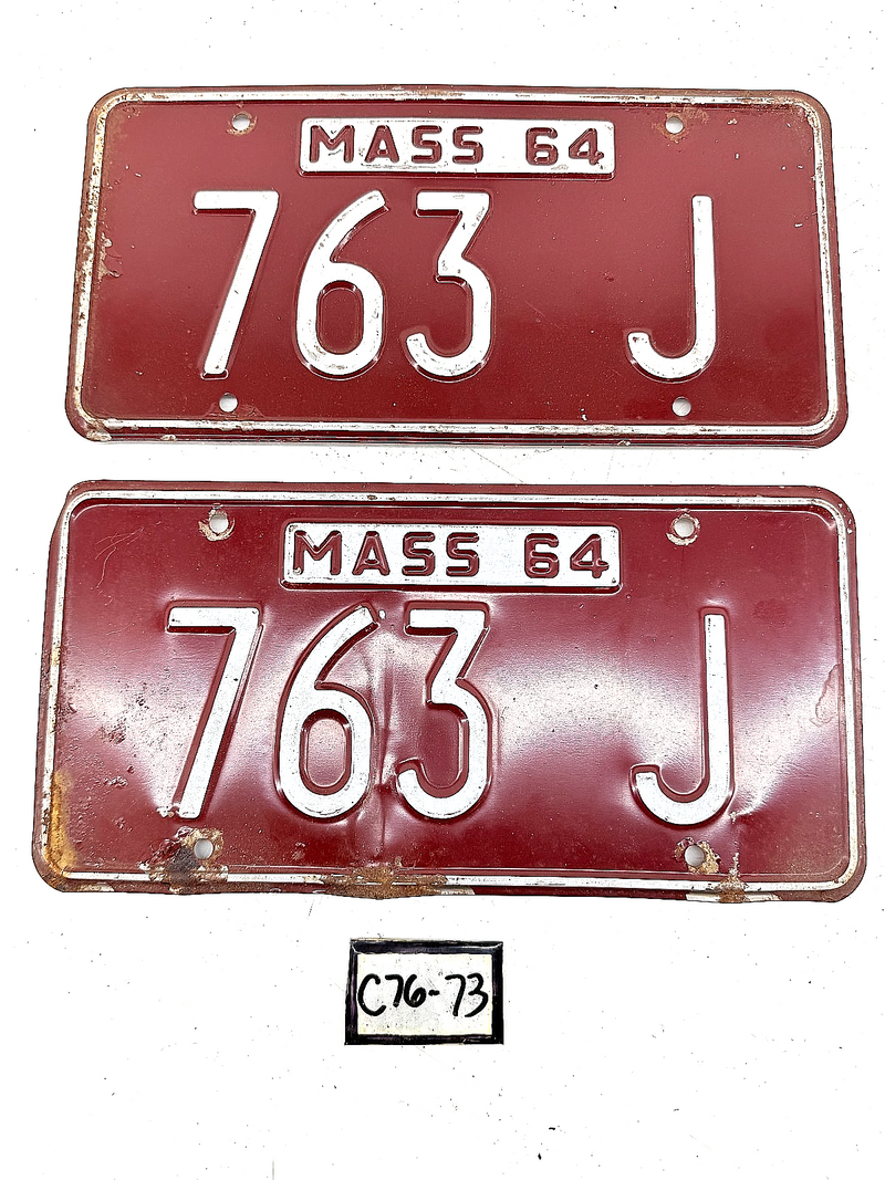 Orig. Paint PAIR 1964 763J Massachusetts License Plate Sign MA 763J C76-73