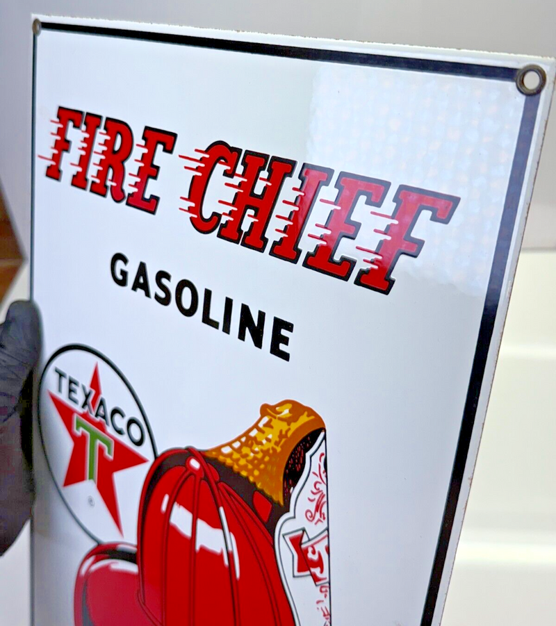 VINTAGE 1986 Texaco Fire Chief Gasoline Porcelain Sign 10-3/4" x 16" Ande Rooney