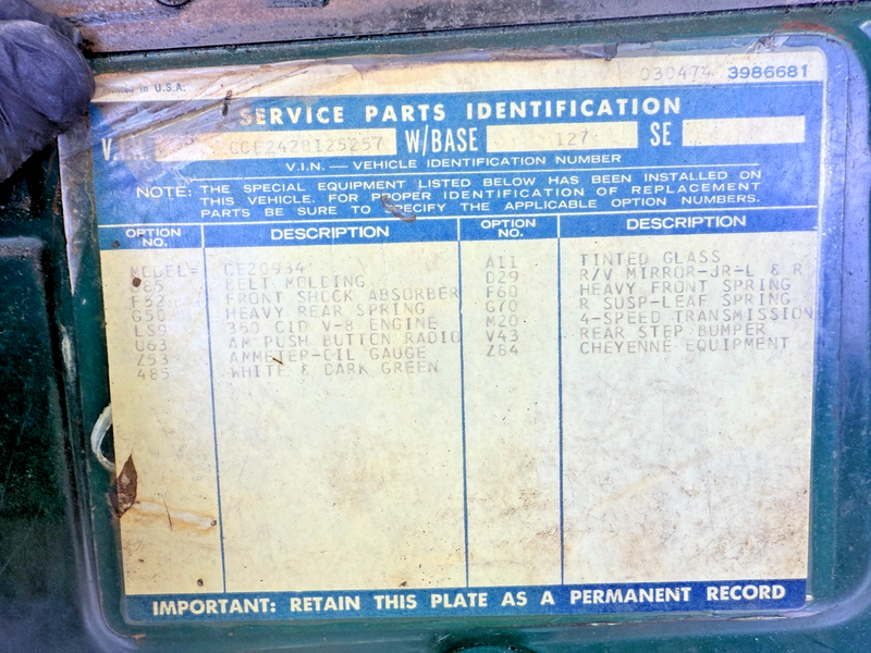 OEM 1967 - 1972 Chevy Pickup C10 Truck Glove Box Door GM w/ Build Sheet C26-4