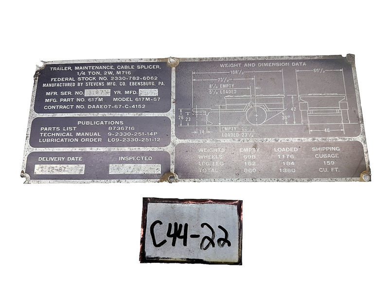 Original Master Data Plate Trailer Maint. Cable Splicer 617M-67 Willys C44-22