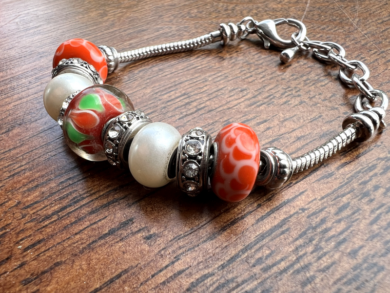Adjust Silver Tone Charm Bracelet with Orange/Green/White/Silver Glass Beads HB1