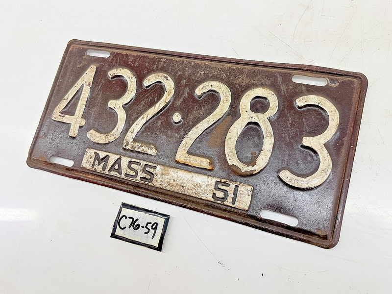 Orig. Paint 1951 432283 Massachusetts License Plate Sign MA 432-283 C76-59