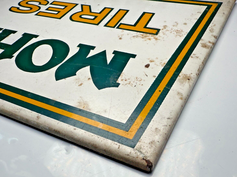 Vintage Mohawk Tires Sign Vintage Gas Garage Sign Indian Arrowhead 14" x 7" NICE