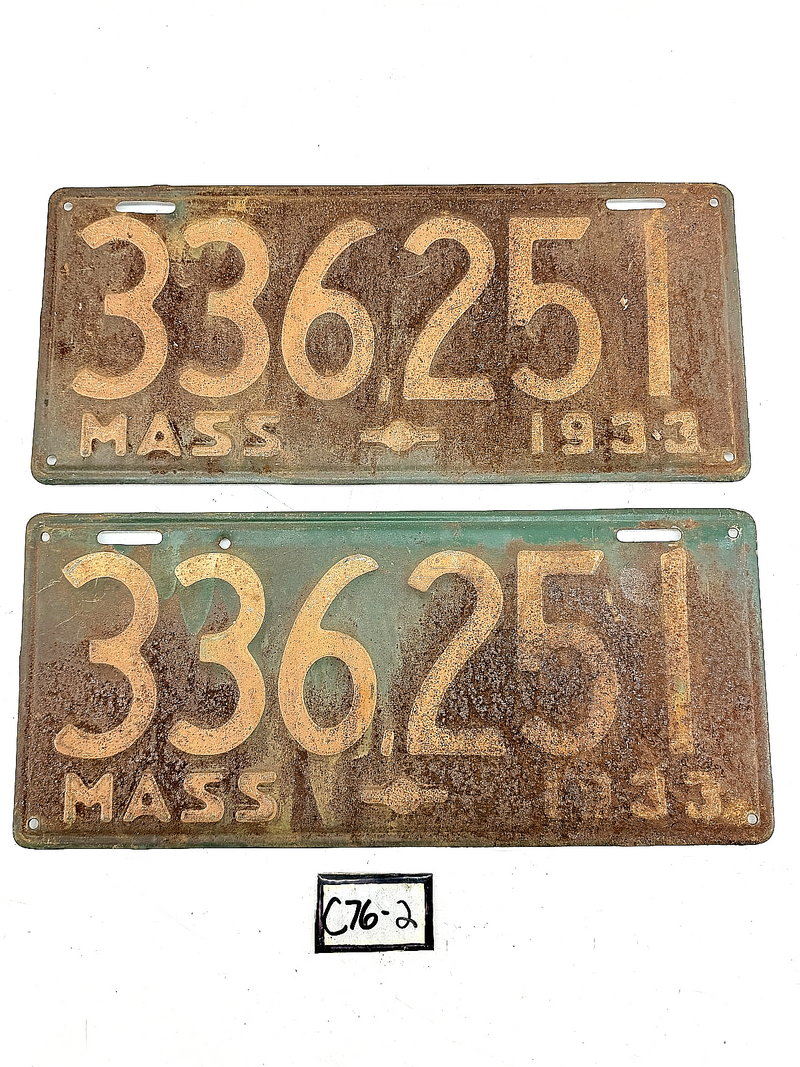 Orig. Paint PAIR 1933 336251 Massachusetts License Plate Sign MA 336.251 C76-2