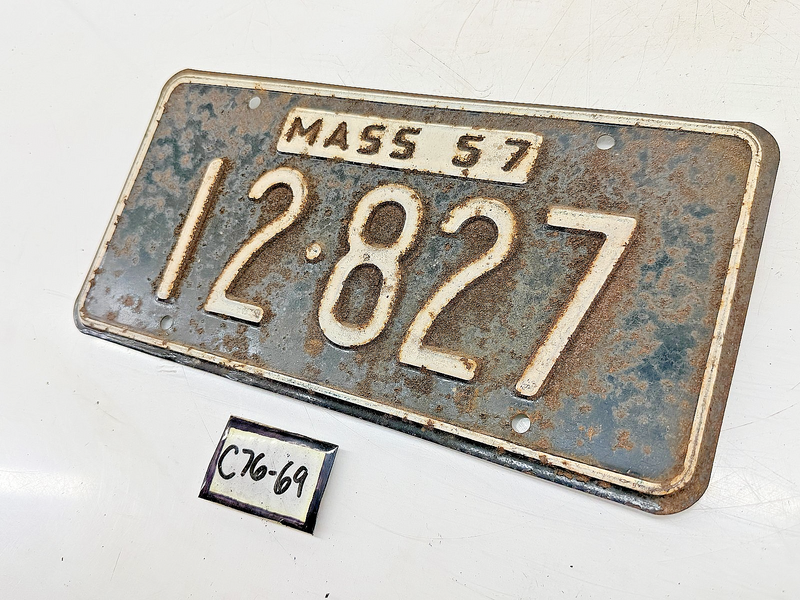 Orig. Paint 1957 12827 Massachusetts License Plate Sign MA 12-827 C76-69