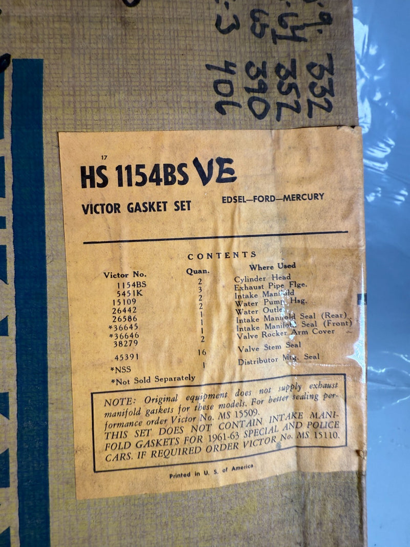 Victor HS1154BS Engine Kit Full Gasket Set Edsel Ford Mercury 1958 - 1965 B54-9