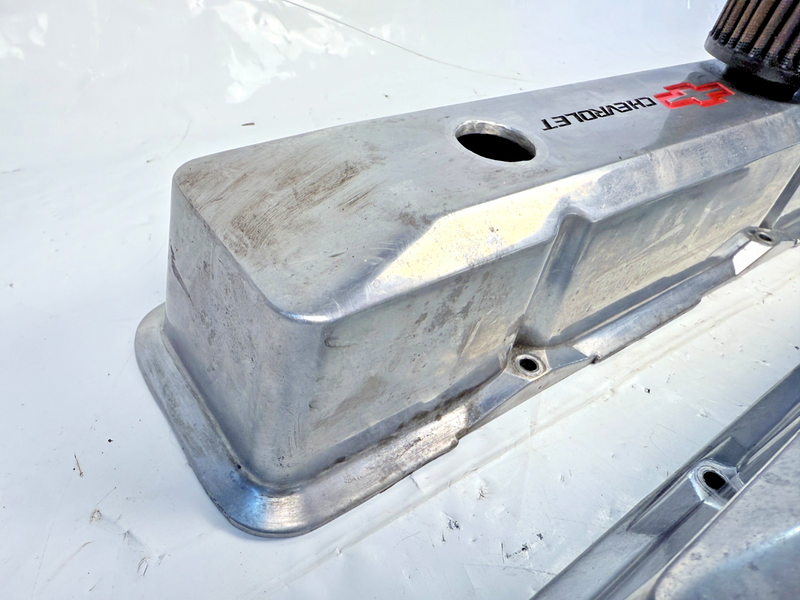 GM SBC Aluminum Polished Valve Covers Red Bowtie Dual Breathes U5B-54