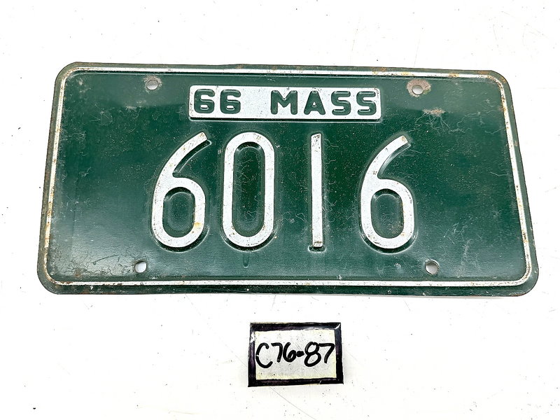 Orig. Paint 1966 6016 Massachusetts License Plate Sign MA 6016 C76-87