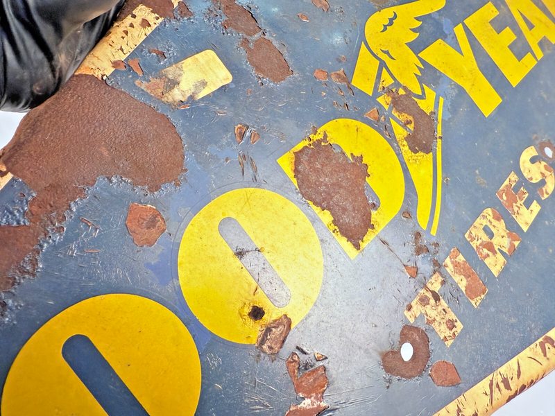 Vintage 1959 Goodyear Tires Gas Station Metal Sign 28" x 13.5" Chevy Ford Dodge