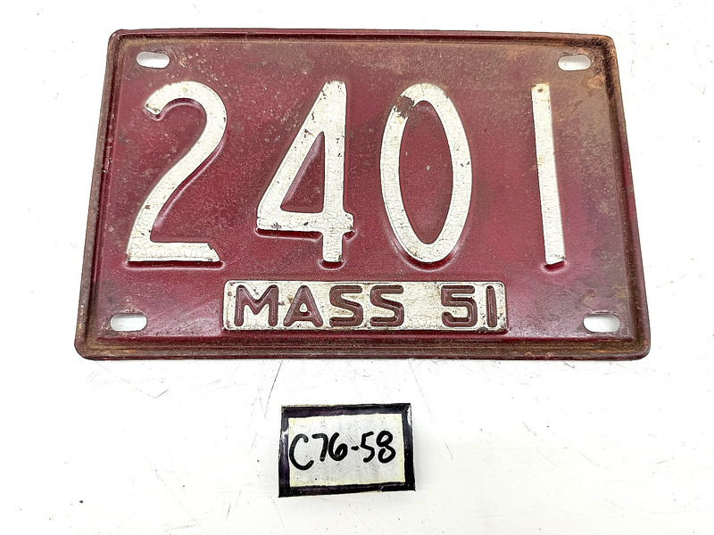 Orig. Paint 1951 2401 Massachusetts License Plate Sign MA 2401 C76-58